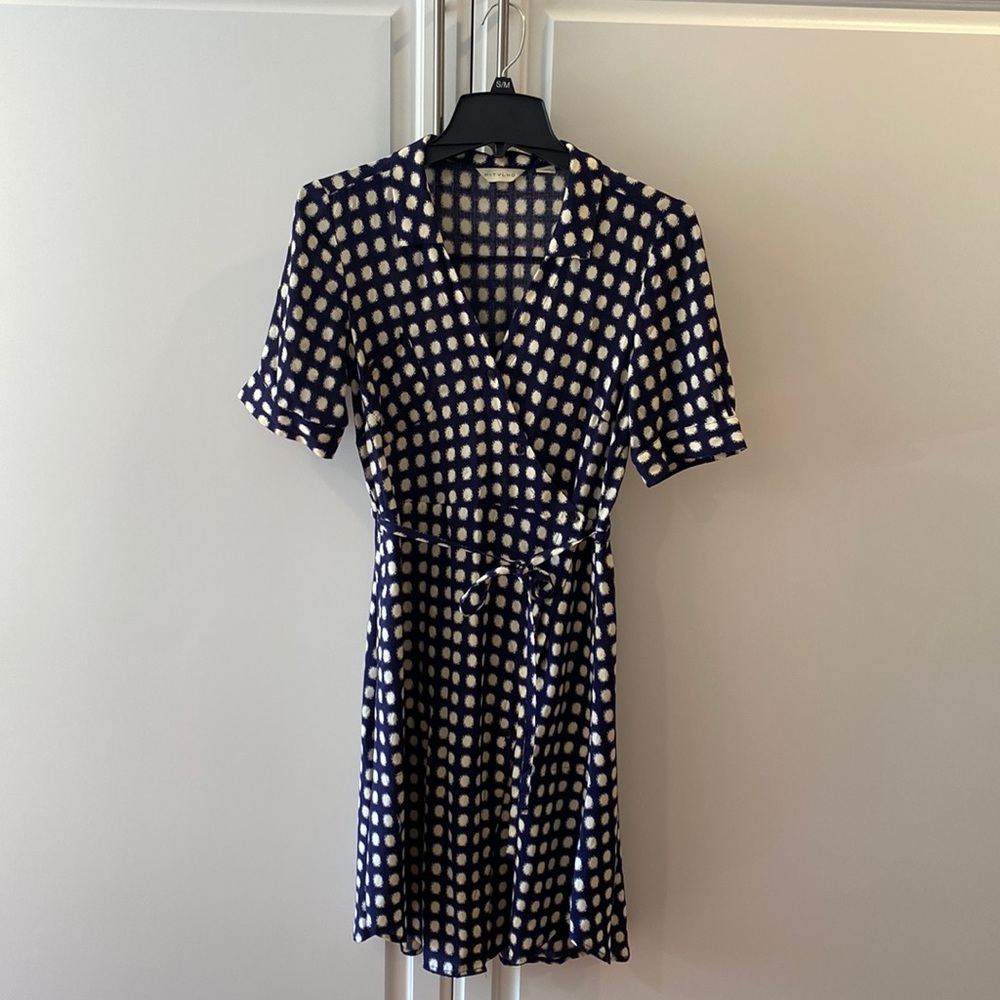 Navy polka dot collared wrap dress